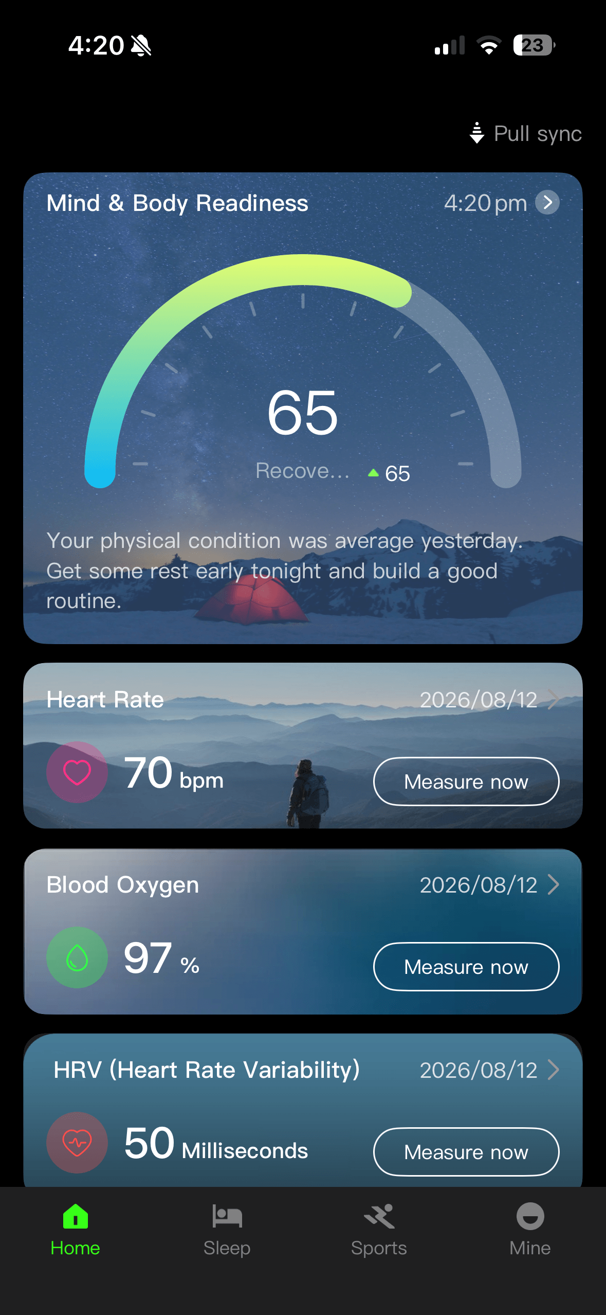 Wellness app homepage